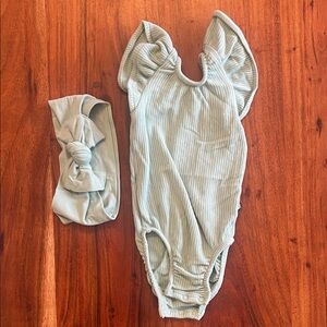 Ribbed Ruffle bodysuit with knotted Headband - Wasabi Green
